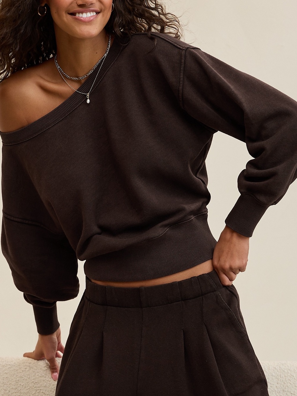 Aerie Go To Off the Shoulder Sweatshirt Brown | M